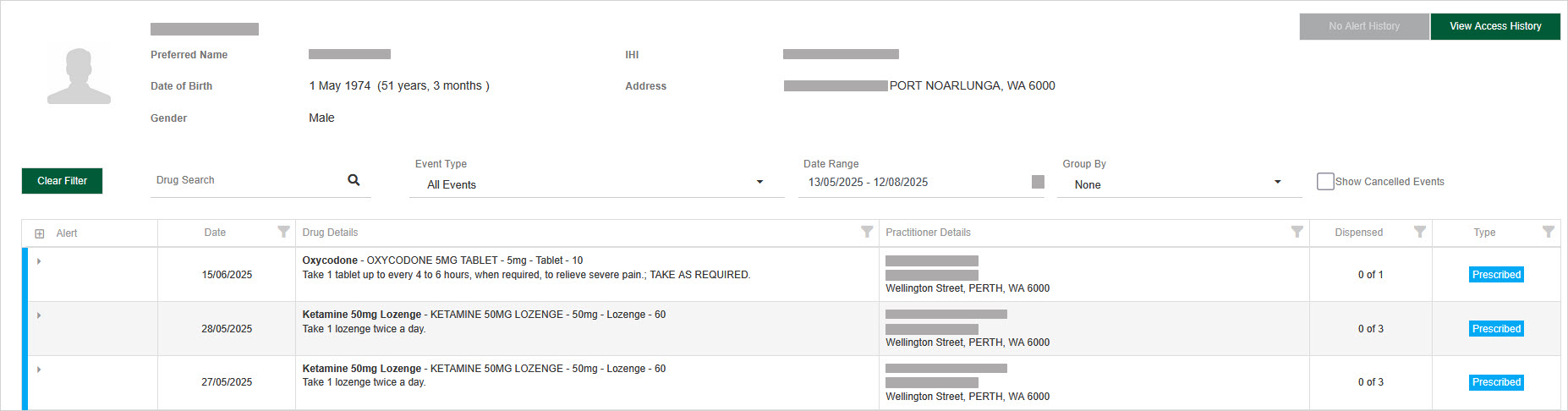 Medication events from above  patient as viewed from within the practitioner portal – Will only display 2 records