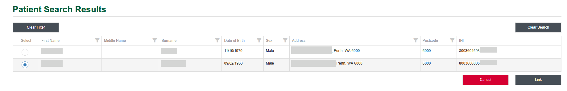 Patient search results with patient selected.